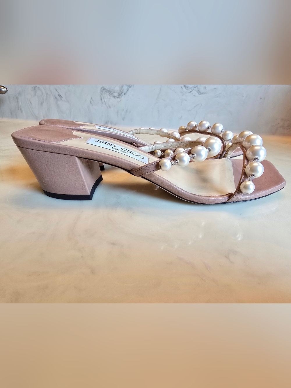 Jimmy Choo Amara Beige Pearl Embellished Slide Sandal Size 39 - Picture 4 of 11